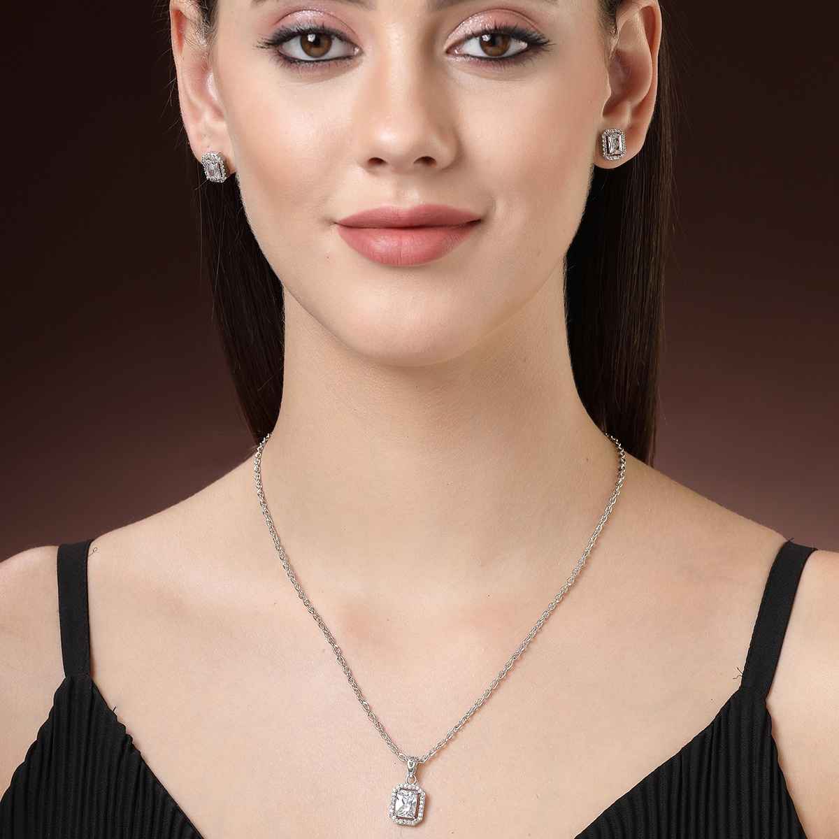 Zeneme Rhodium Plated AD Studded Luxe Sparkle Princess Cut Necklace and Earrings For Women & Girls