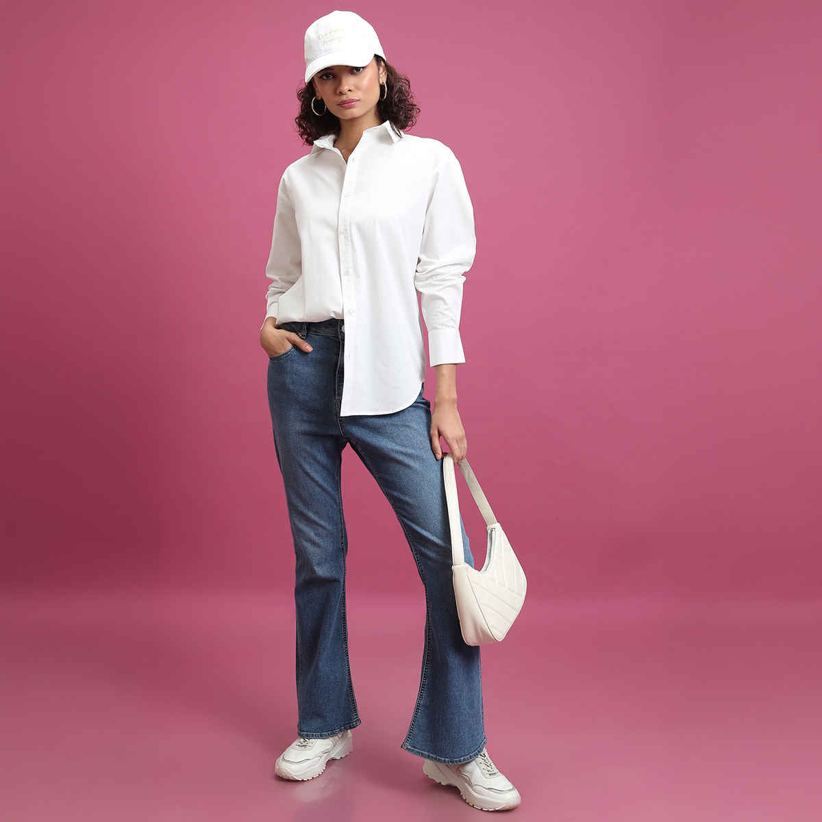 Tokyo Talkies Women's Slim Fit Drop-Shoulder Sleeves Cotton Oversized Shirt | White - S