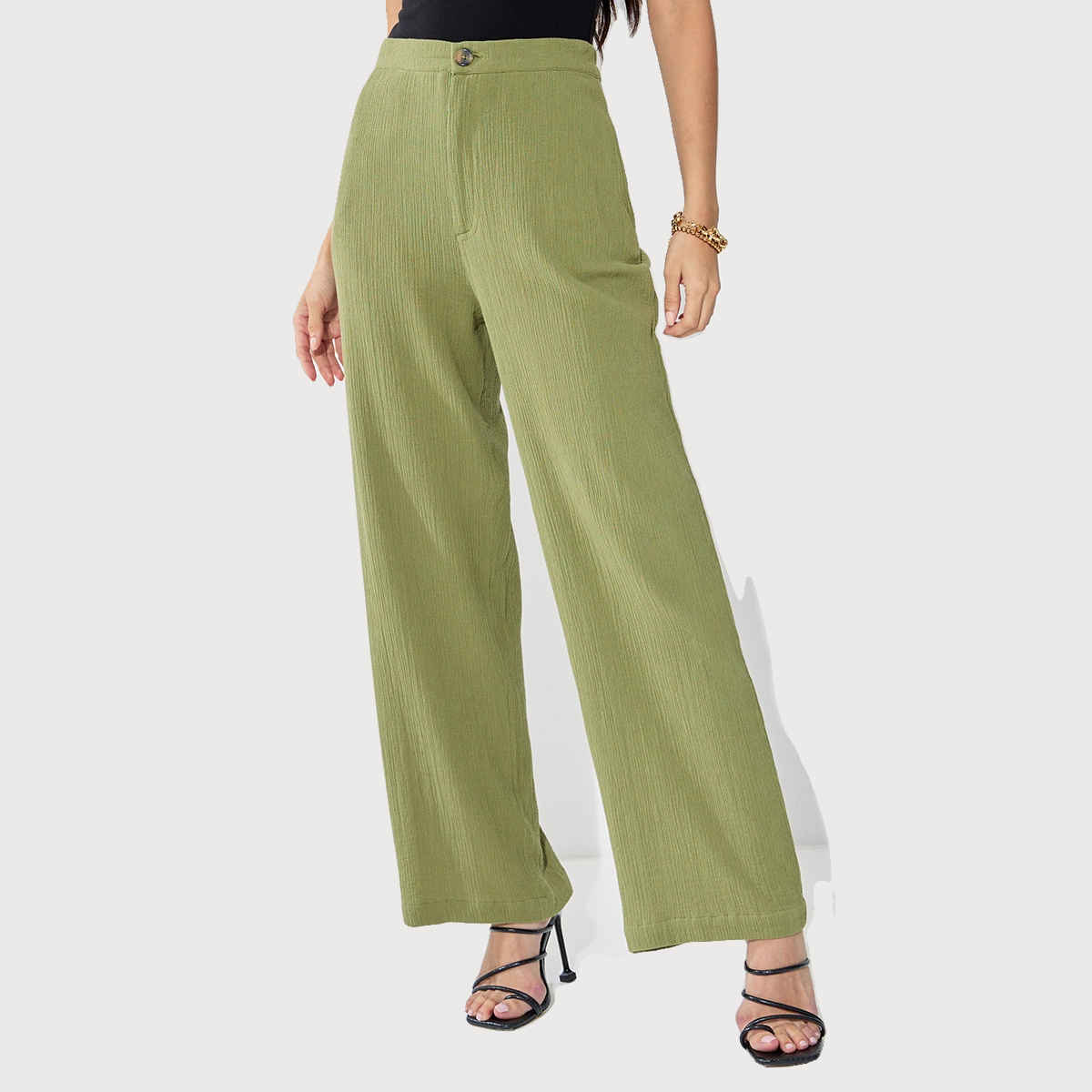 Styli Women's Straight Leg Solid Trouser with Mid Rise and Cotton Fabric | Sage Green - 34