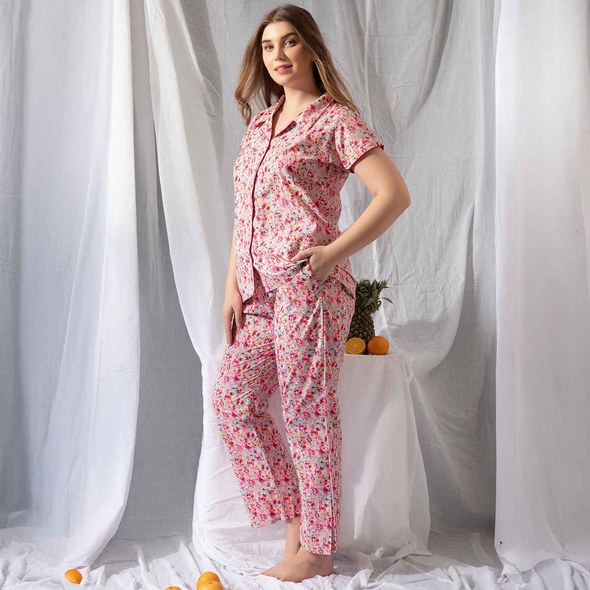 Clovia Print Me Pretty Button Down Shirt & Pyjama Set - Cotton Rich | Pink | L