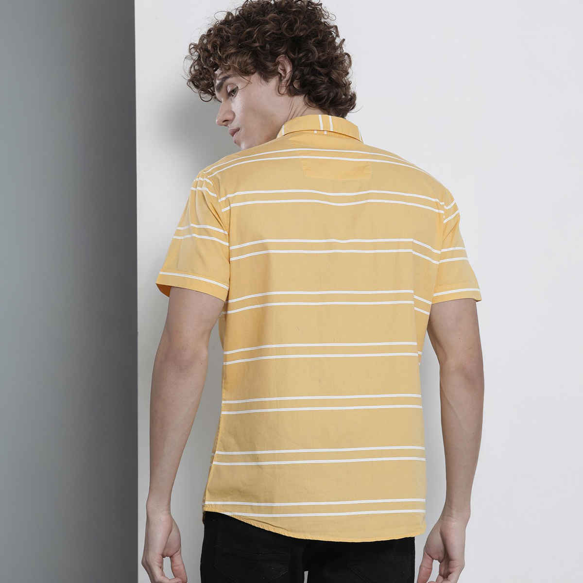 The Indian Garage Co Men's Slim Fit Striped Casual Half Sleeve Shirt | Yellow - 2XL