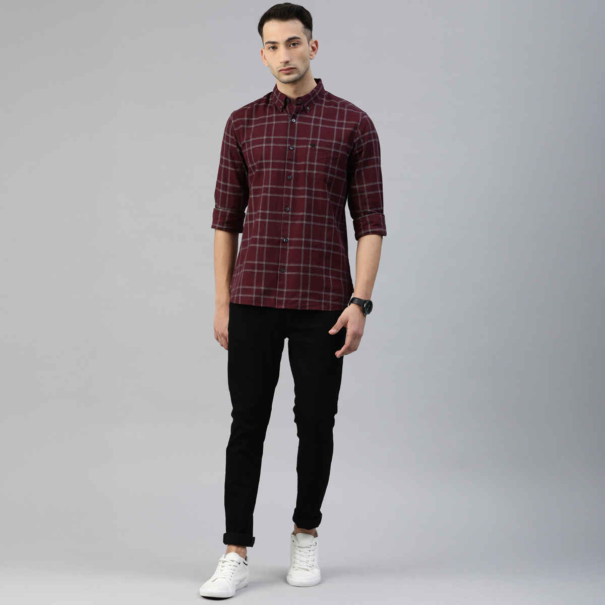 The Bear House Men Slim Fit Checked Button-Down Casual Shirt - Andreas | Maroon | XXL