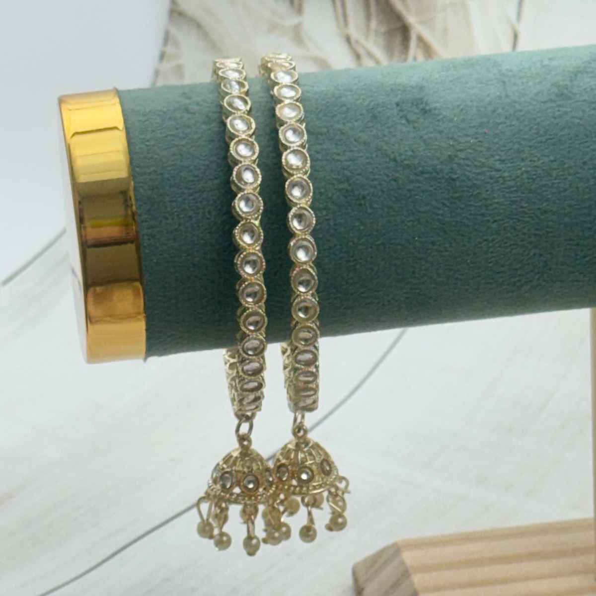 The Opal Factory Metal Bangles with Stone Work and Pearl Jhumki Latkan | Gold - Size 2.8