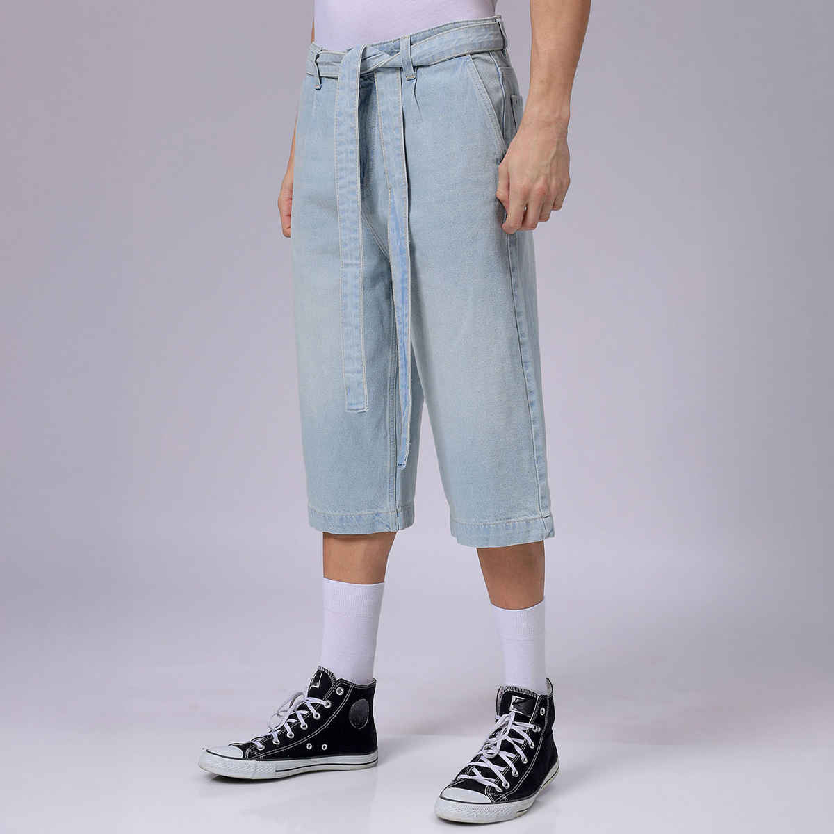 The Indian Garage Co Men's Loose Solid Street Capri Jeans | Vintage Blue - 32