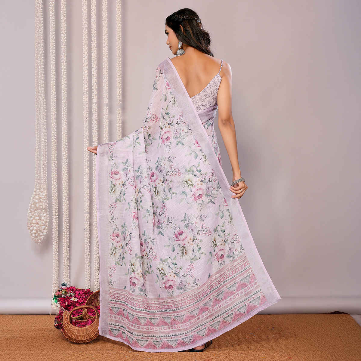 Janasya Women's Cotton Linen Floral Printed Saree with Blouse Piece | SAR445 | Lavender
