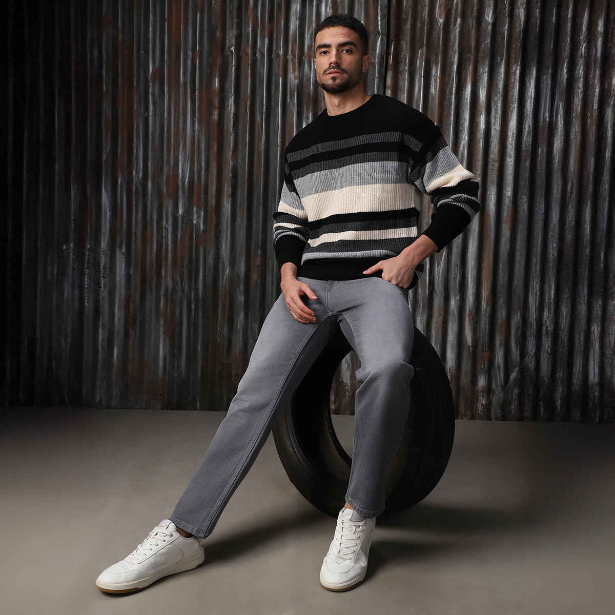 High Star Men's Striped Round Neck Pullover | Multicolour - S