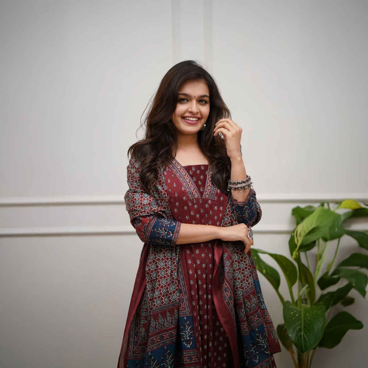 GoSriKi Women's Viscose Rayon Anarkali Printed Kurta with Pant & Dupatta | NAKULA | Wine - M