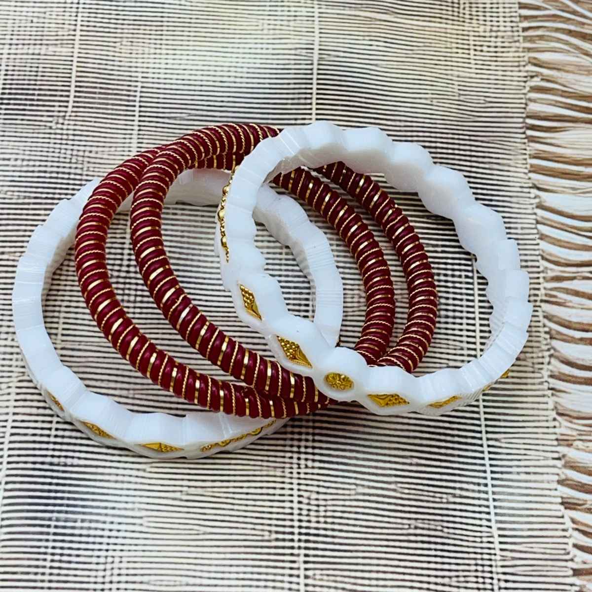 The Opal Factory | Sakha Pola | Geometric Gold Embedded Plastic Bangle | White and Red - 2.6