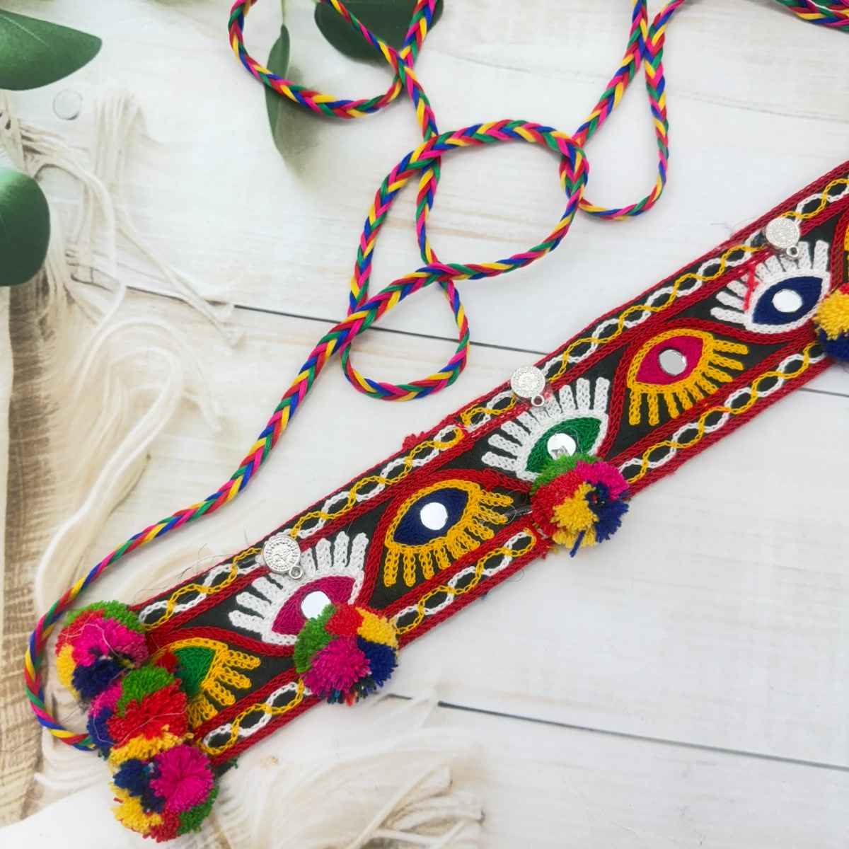 The Opal Factory | Fabric Jewelry | Embroidered Pom Pom Kamarbandh | Multicolor