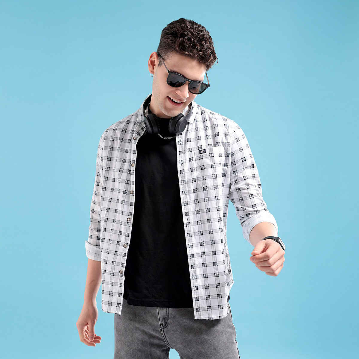 The Indian Garage Co Men's Slim Fit Checkered Casual Shirt | White - 2XL