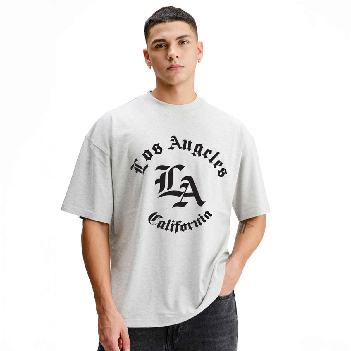 De Tees Men's Oversize T-shirt | M-OST-WHITE-MELANGE-CALIFORNIA | Grey Melange - XL