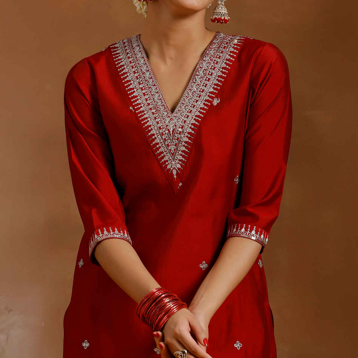 Libas Women's Embroidered Silk Blend Straight Kurta Set | Red - L