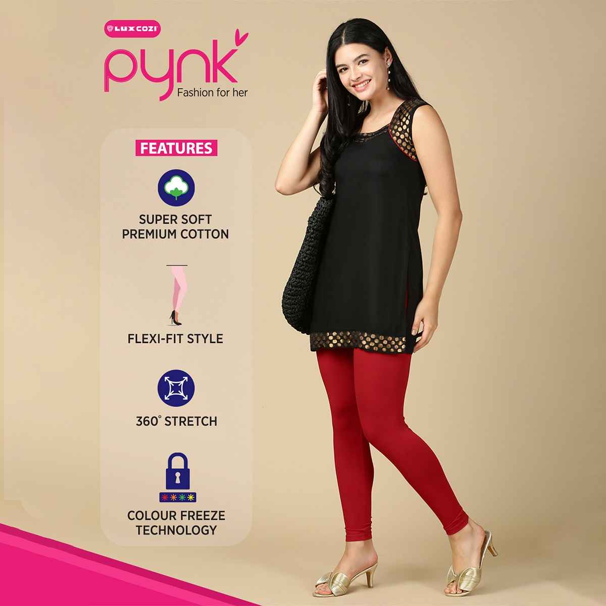 PYNK By Lux Cozi Flexi-Fit 360 Stretch Ankle Length Premium Cotton Leggings | Red|Free Size
