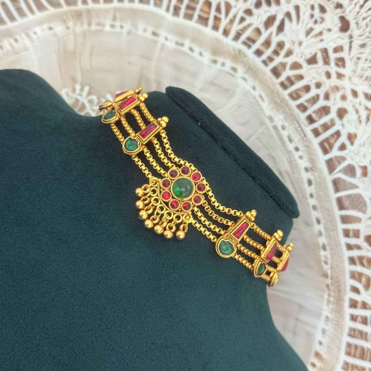 The Opal Factory Choker Necklace Set | Red and Green Stone Work Flower Design Motifs and Earrings