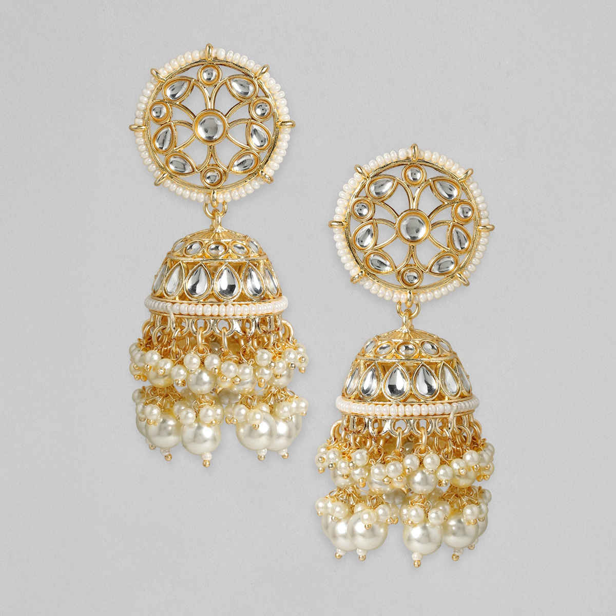 Rubans Gold-Toned Handcrafted Kundan White Pearls Jhumka Earrings
