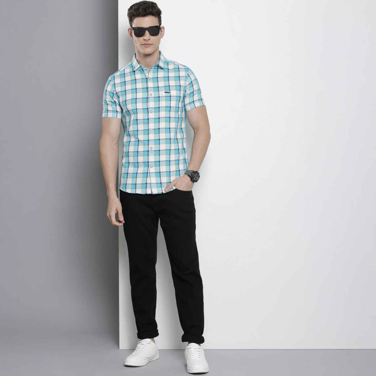 The Indian Garage Co Men's Slim Fit Checked Casual | Blue | S