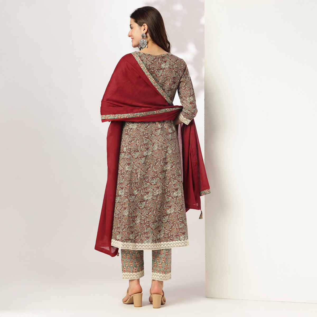 Janasya Women's Pure Cotton Floral Printed Anarkali Kurta Set | Sage Green - S