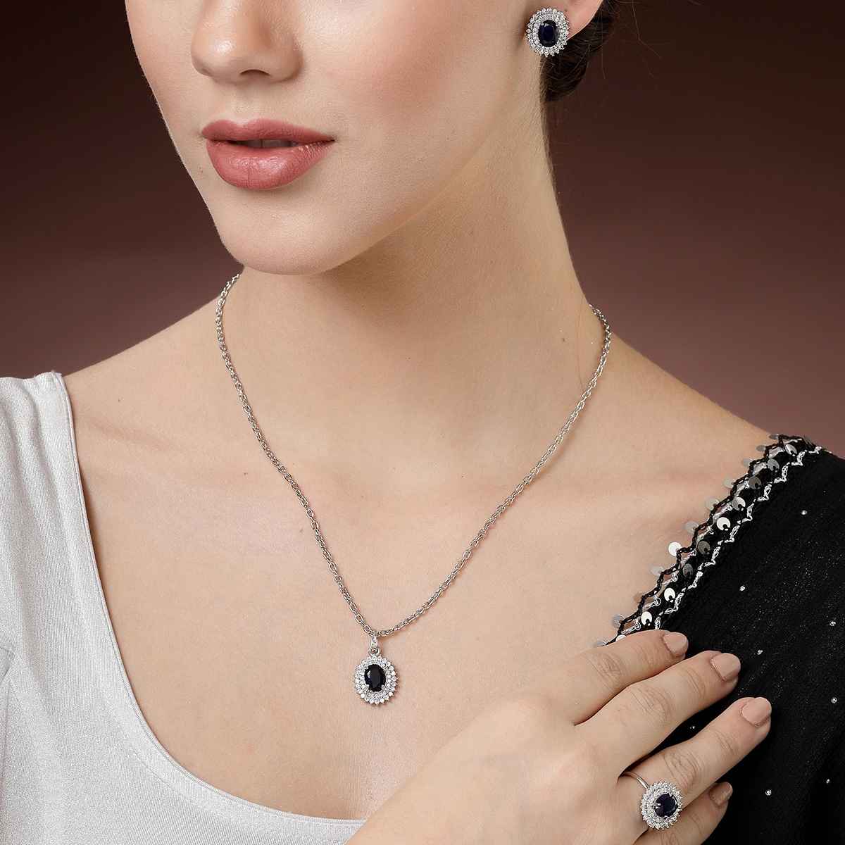 Zeneme Rhodium-Plated Blue AD-CZ Oval Halo Necklace Earrings Ring For Women & Girls