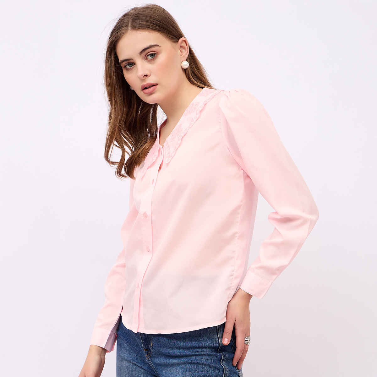 Styli Women's Casual Wear Self Design Slim Collar Long Sleeves Regular Fit Shirts | Pink - M