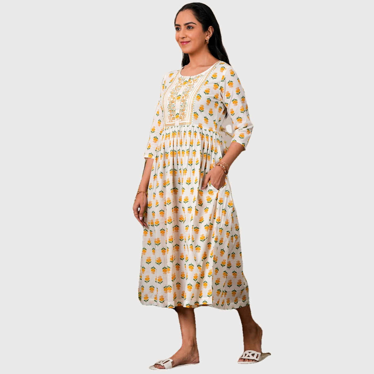 Libas Floral Printed Women's Dress With Embroidered Yoke & Pleated Style | Mustard White | XL