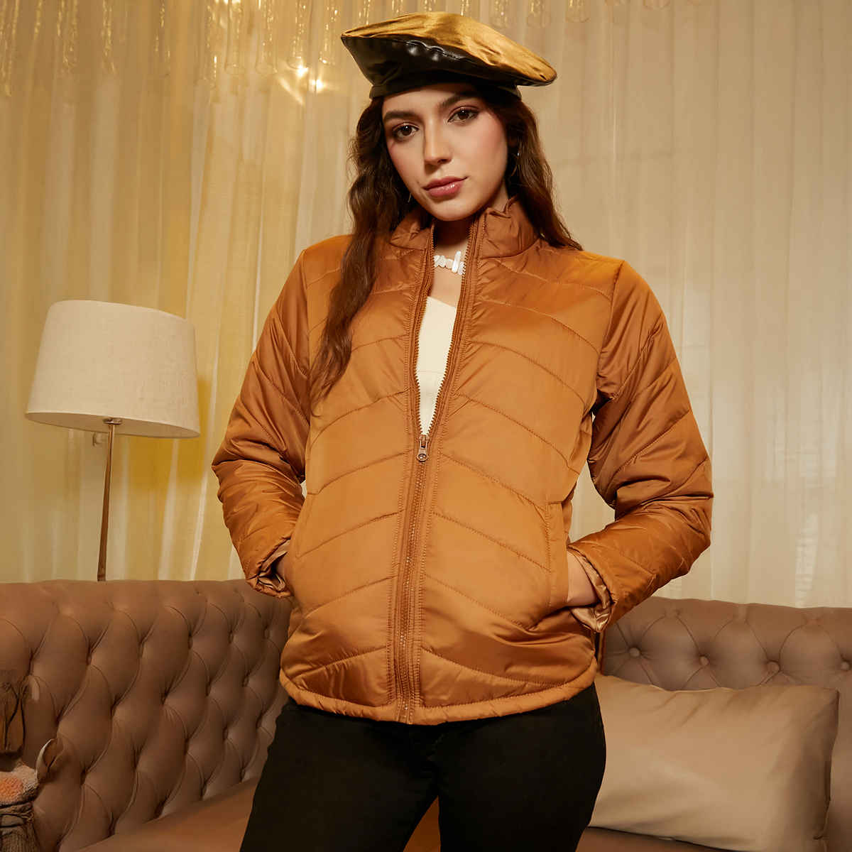 Campus Sutra Women's Chevron Quilted Jacket | Sienna Brown - M