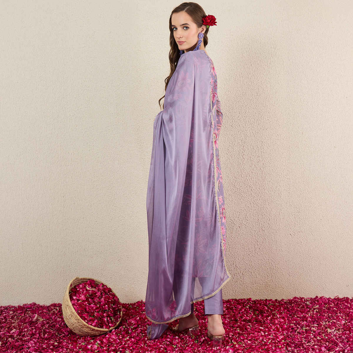 Indo Era Women's Printed Straight Kurta Pant with Dupatta set | KH9LV10858 | Lavender - XL