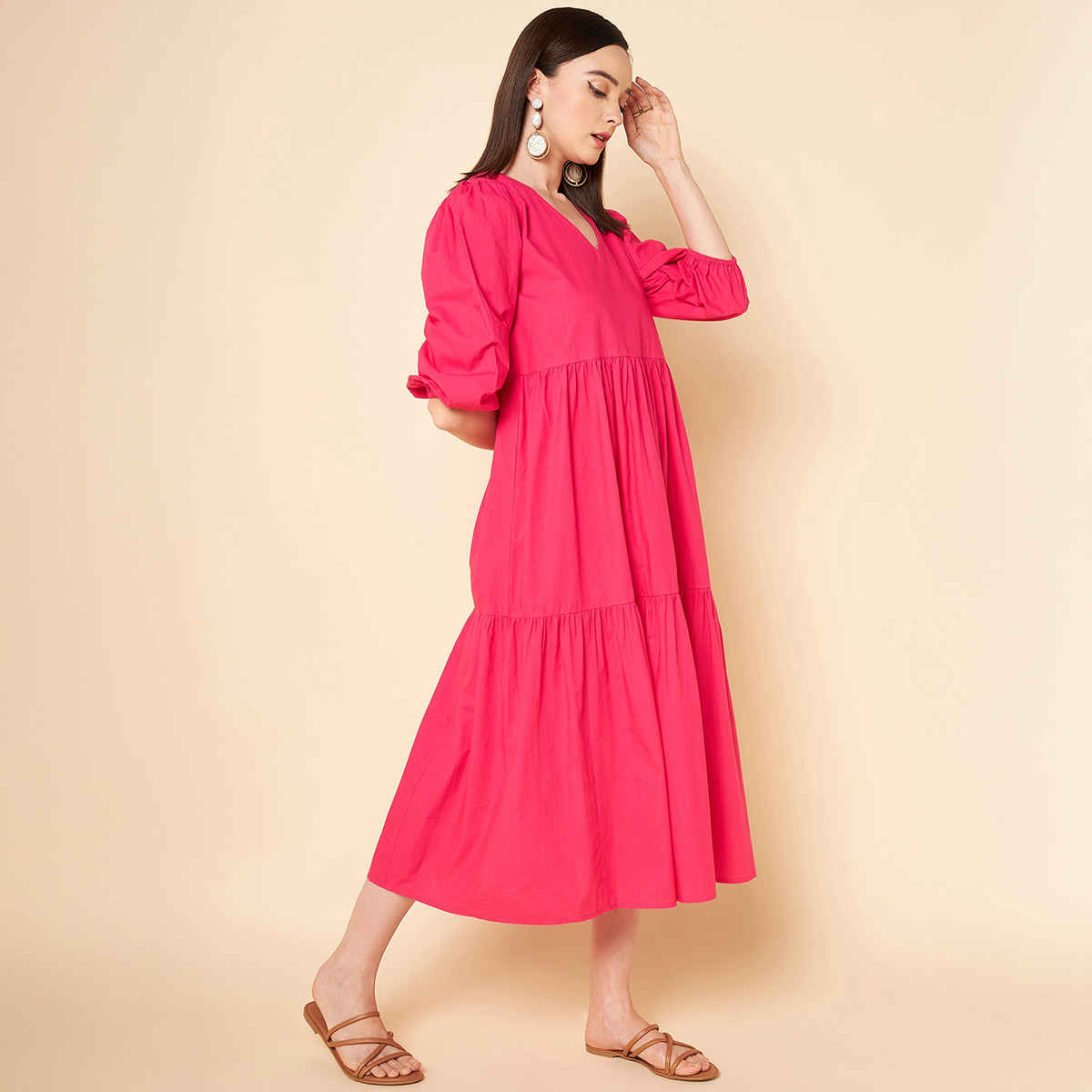 High Star Women Pink V-Neck Puff Sleeve Fit & Flare Midi Dress (Size-XL)