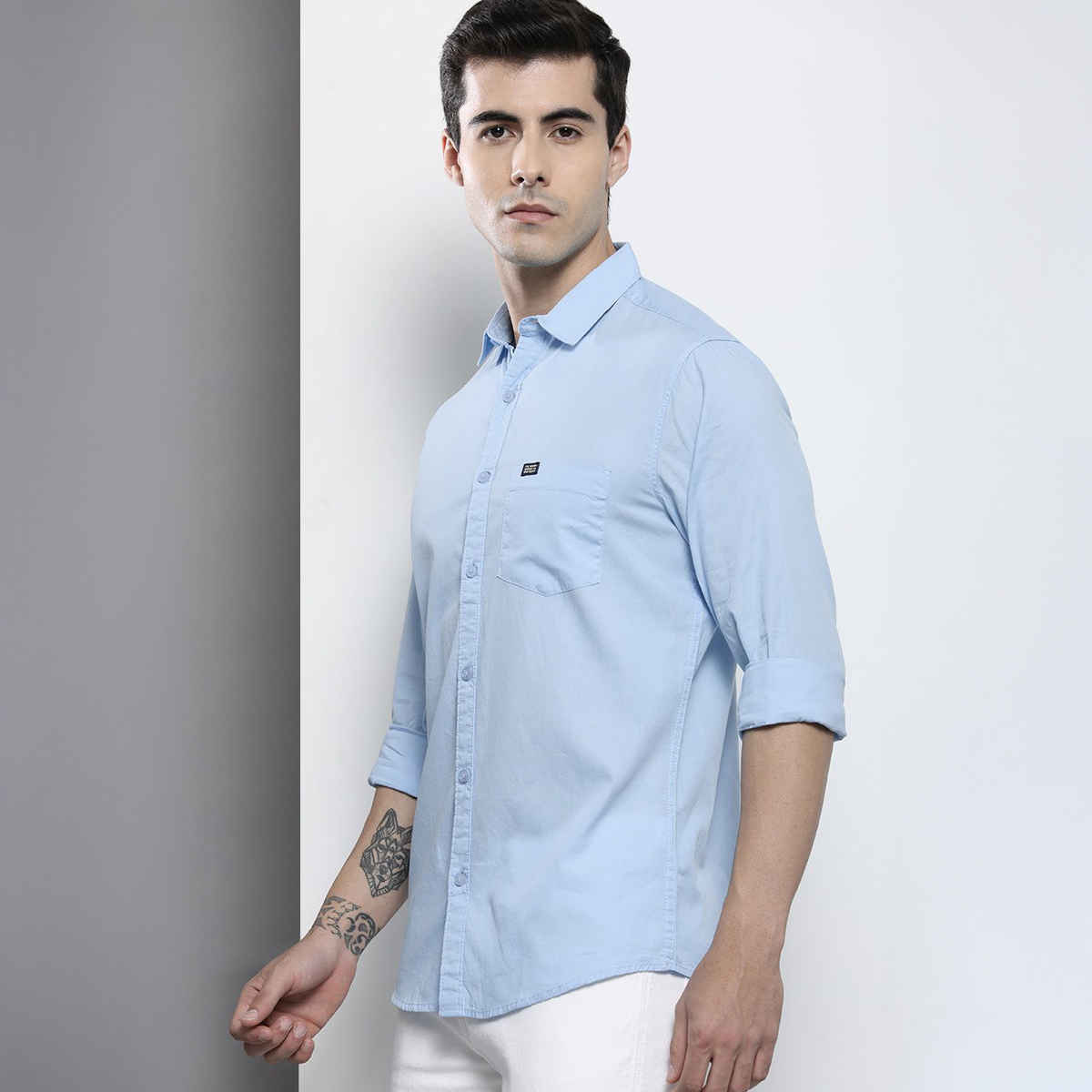 The Indian Garage Co Men's Slim Fit Solid Casual Shirt | Blue - L