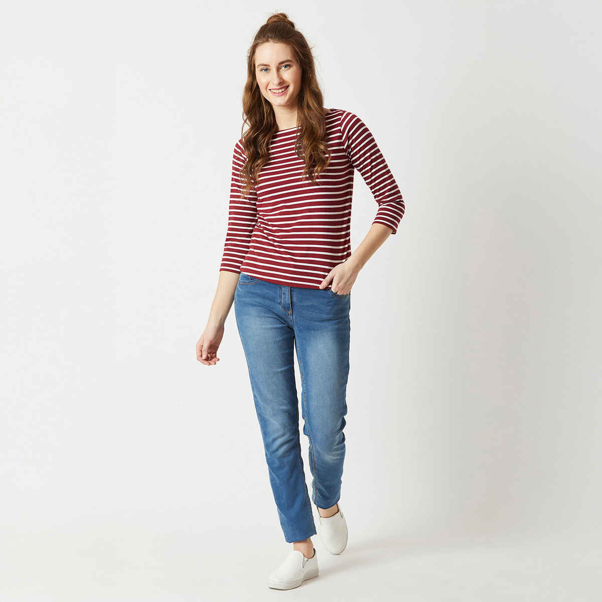 Miss Chase Women Boat Neck 3/4 Sleeve Cotton Striped Top | Maroon & White | L