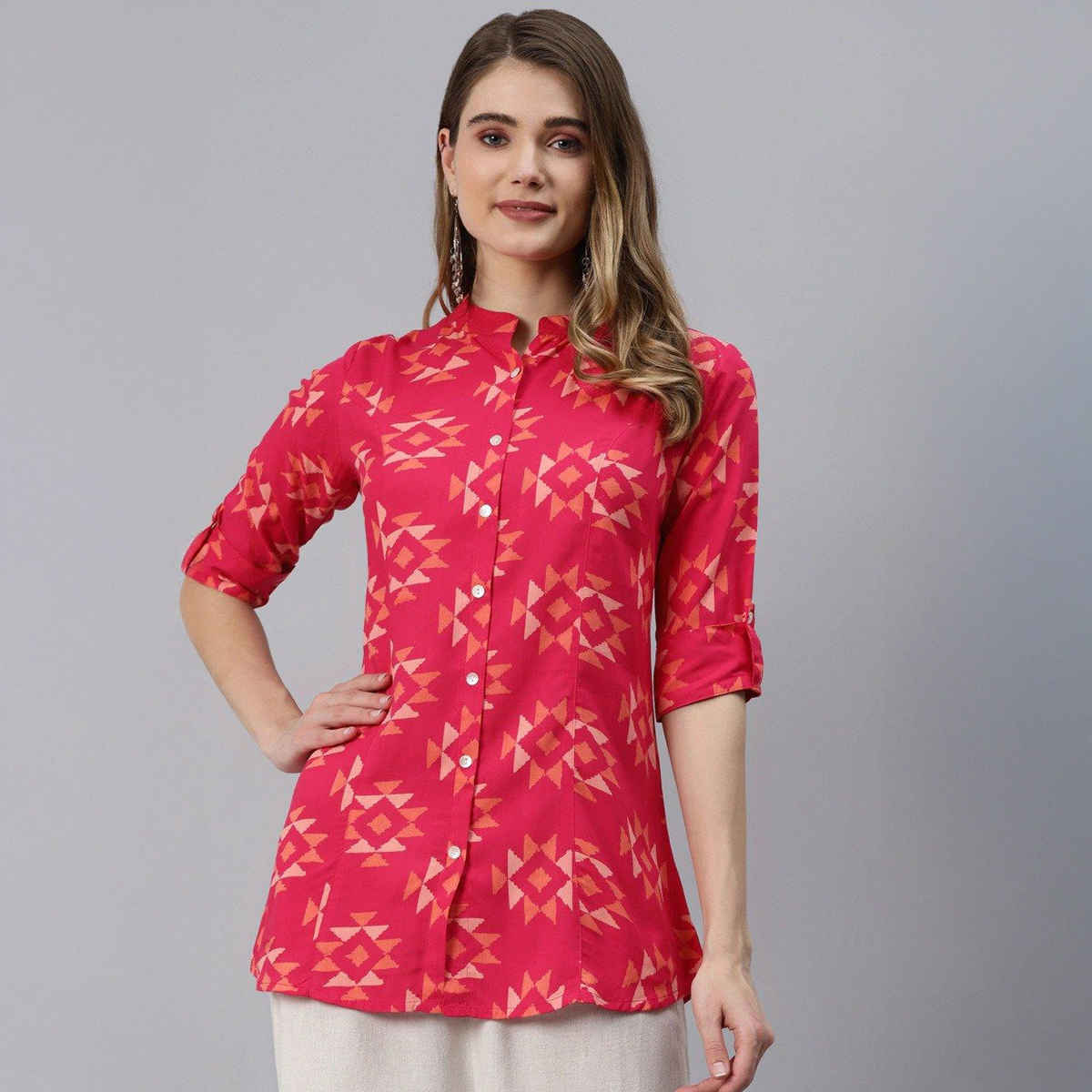 Divena Women's Geometric Print Rayon Shirt Style Top | DK0697 | Pink - S