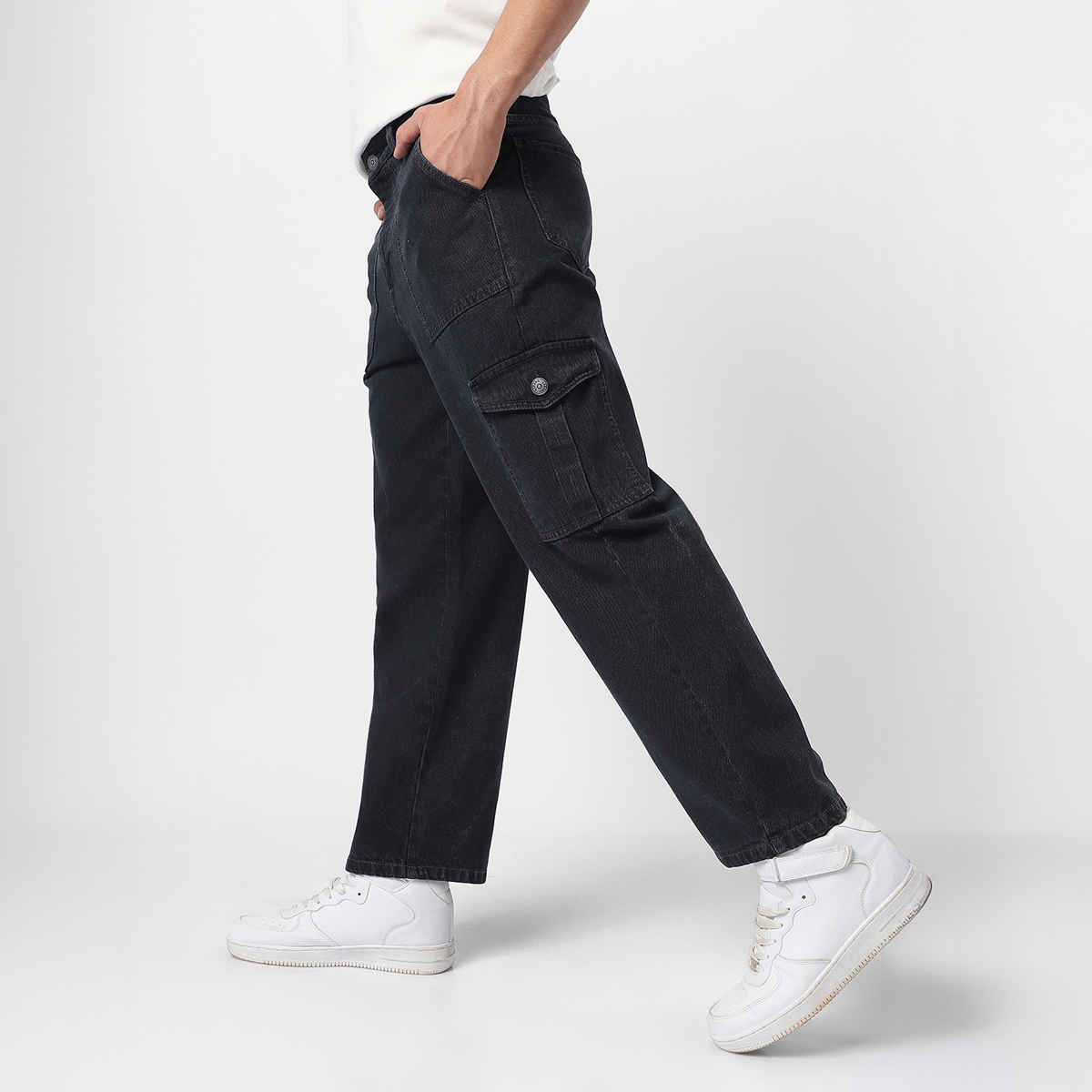 Urbano Fashion Men Dark Grey Loose Baggy Fit Cargo Jeans With 6 Pockets Non-Stretchable-30