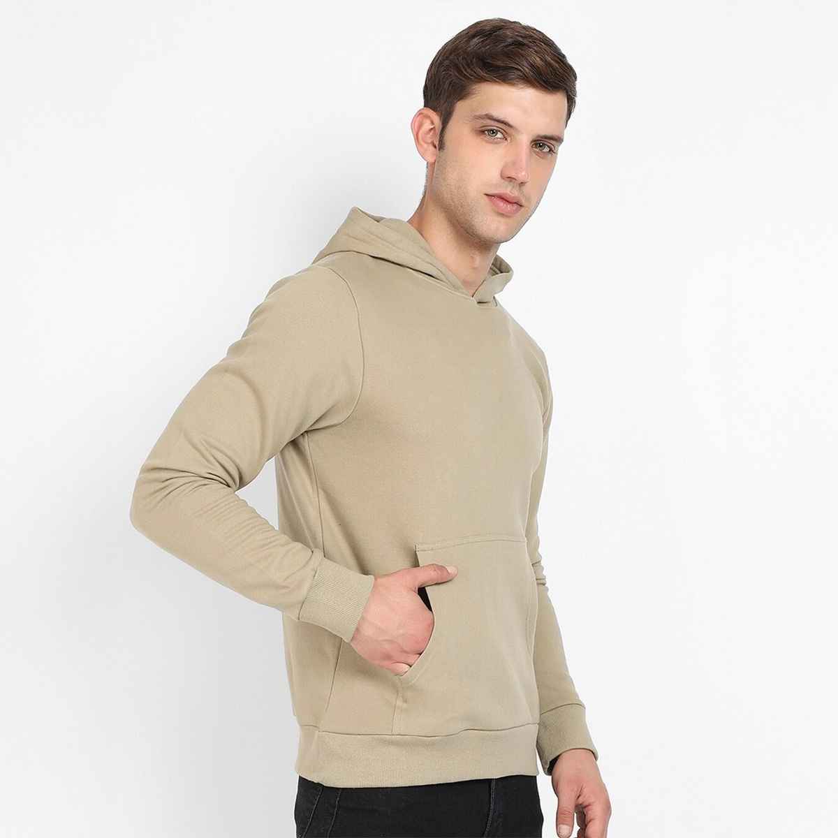 Campus Sutra Men's Pullover Hoodie With Contrast Drawstring | Beige - L