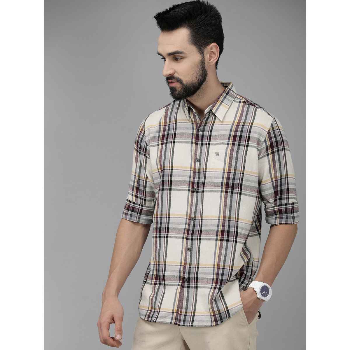 The Bear House Men Slim Fit Checked Flannel Cotton Casual Shirt - Fresia | White and Purple | XL