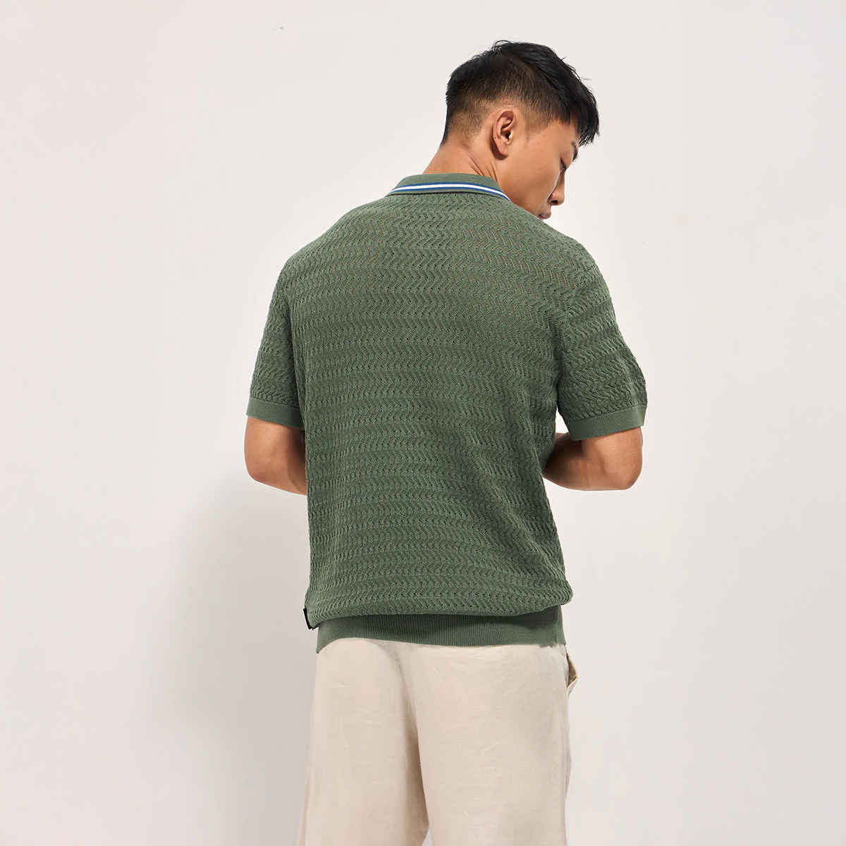 The Bear House Men's Textured Knit Design Regular Fit Polo with Zipper Placket | Green - XL