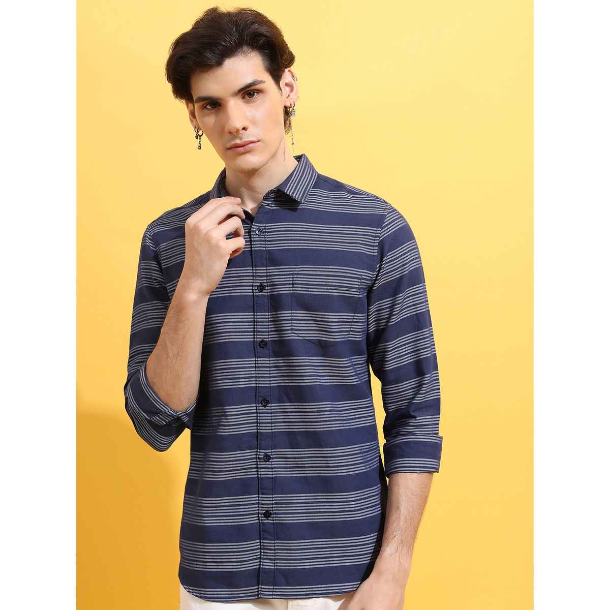 Ketch Men Slim Fit Striped Spread Collar Casual Shirt | Blue | M