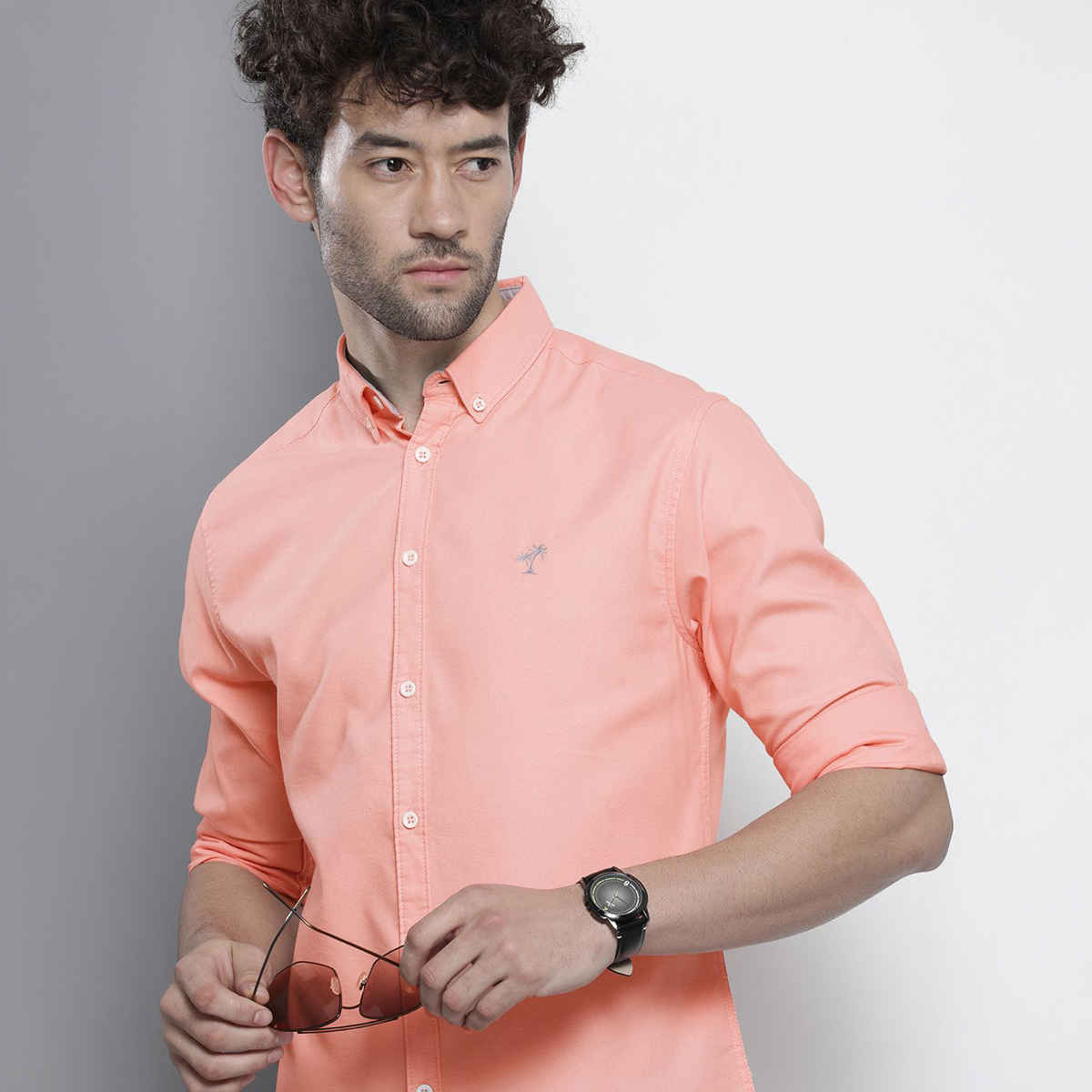 The Indian Garage Co Men's Slim Fit Placement Embroidery Casual Shirt | Pink - S