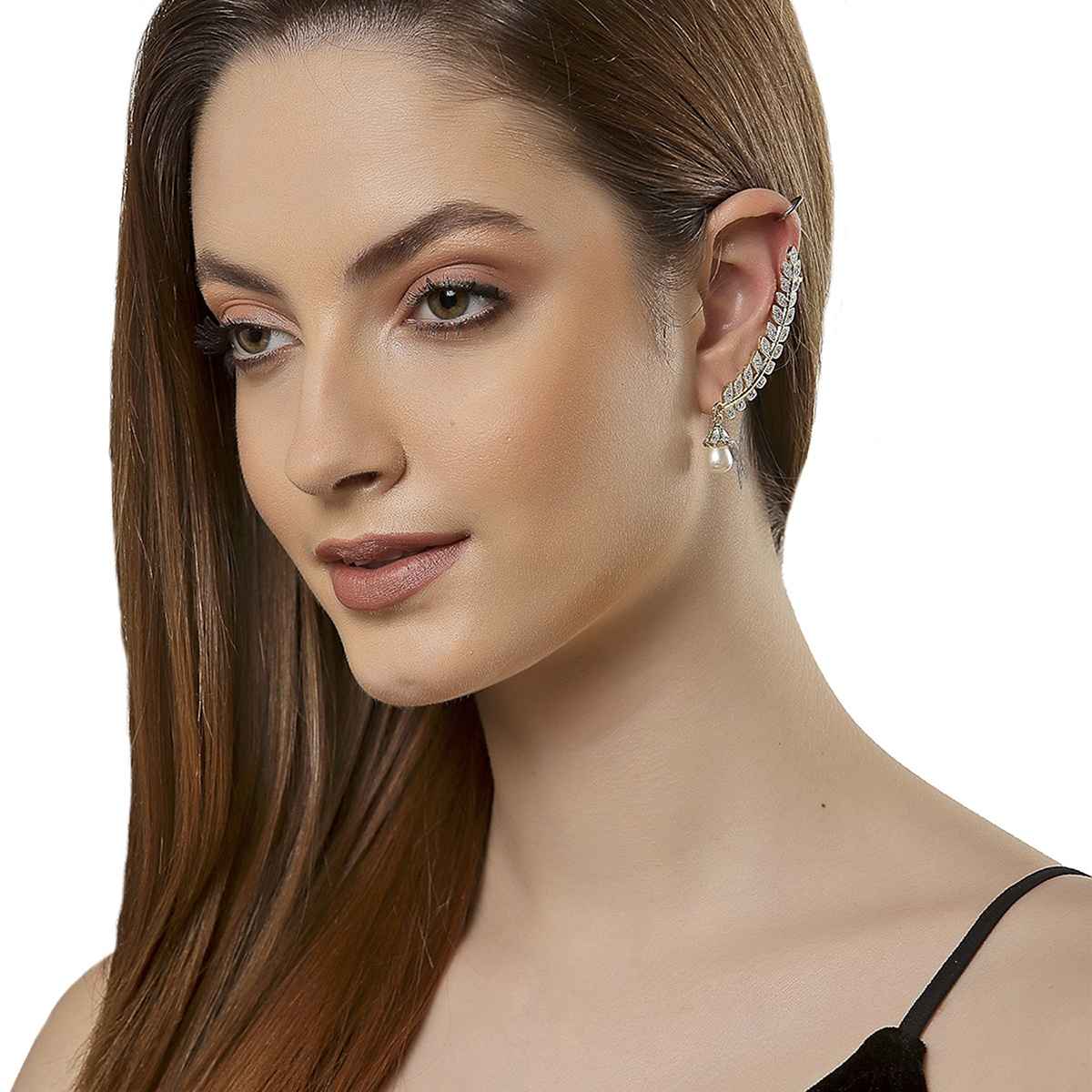 Zeneme Gold Plated American Diamond Leaf Shape Ear Cuff Earring Jewellery For Women & Girls