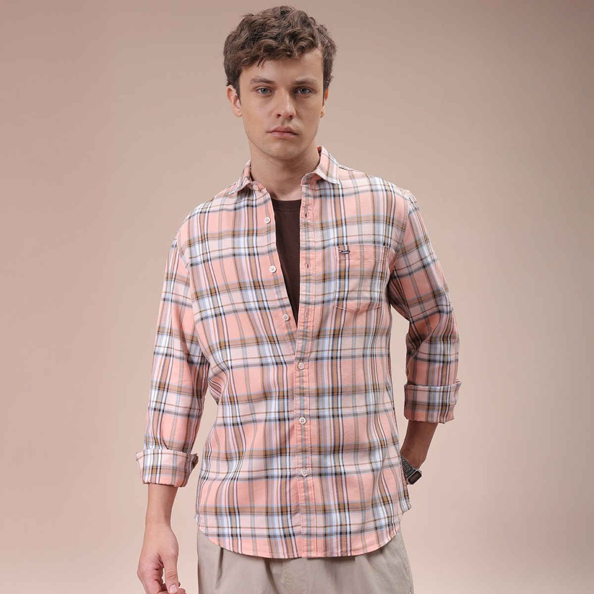 The Indian Garage Co Men's Slim Fit Checkered Casual Shirt | Pink - XL