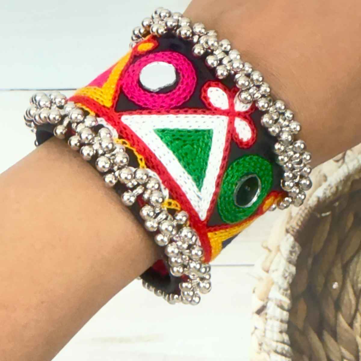 The Opal Factory Thread work Multicolour Flexible Bangle Kada with Ghungroo and Mirror | Free Size