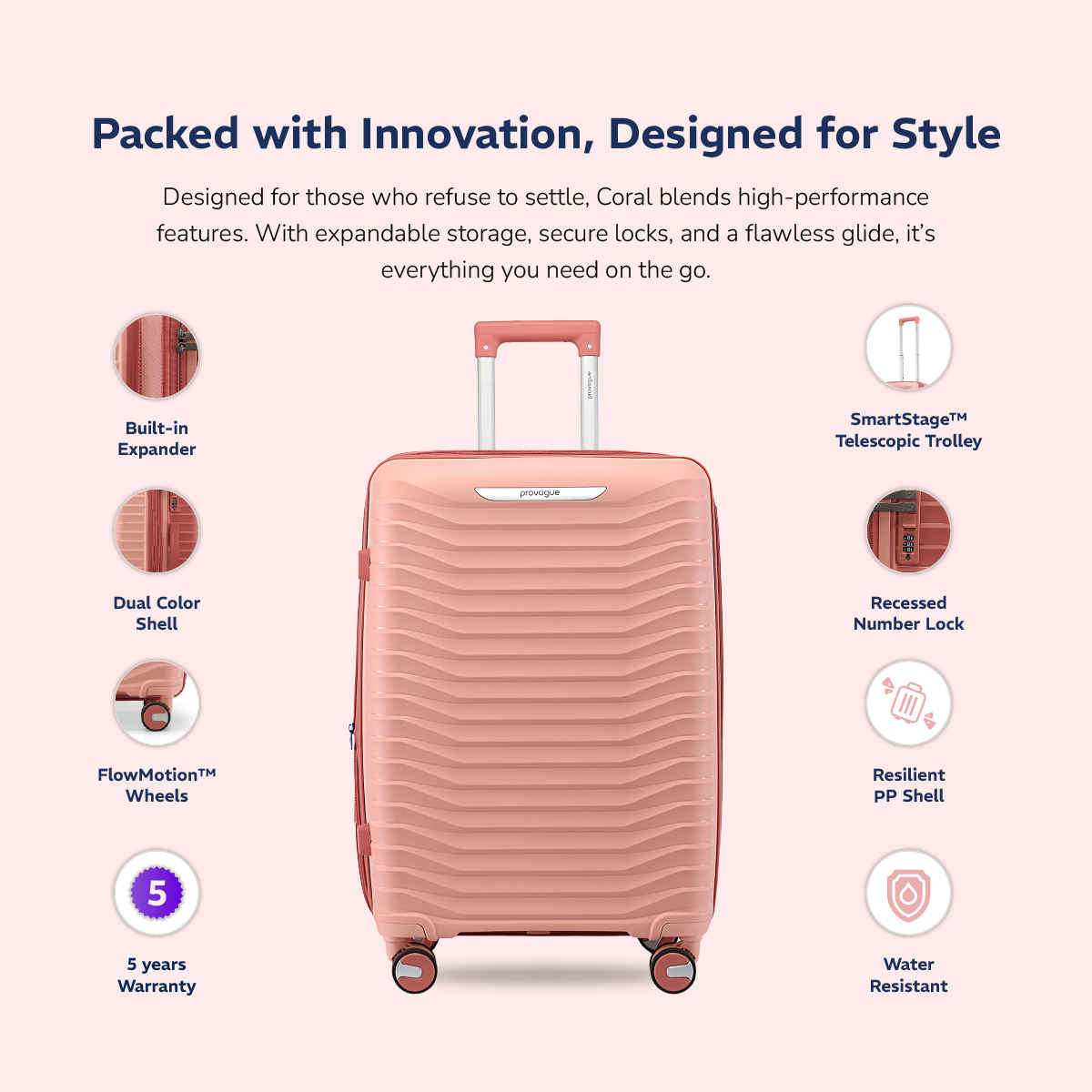 Provogue Coral Hard-Sided PP Medium Check-in Luggage Trolley Bag | Tea Rose- Redwood - 65 cm
