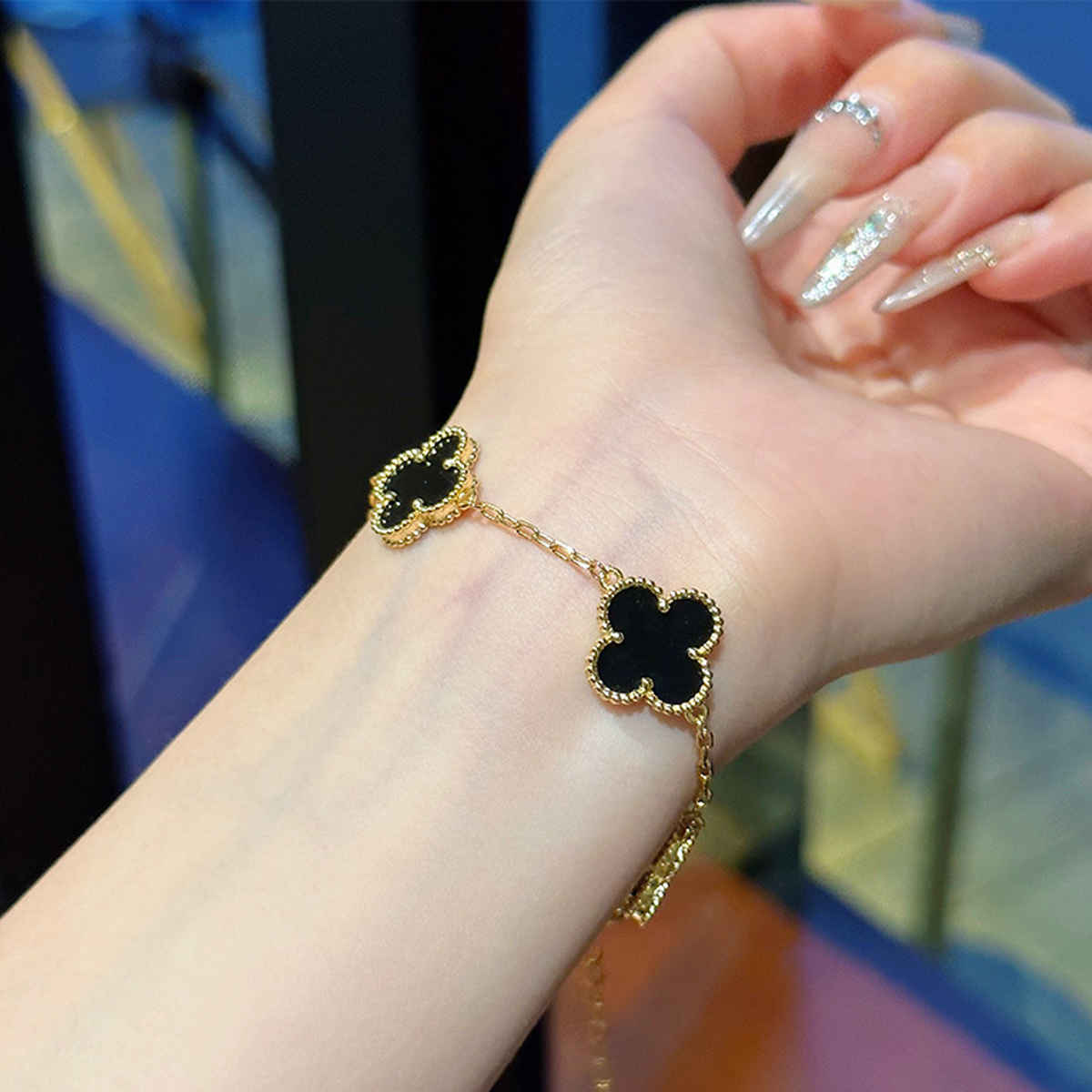 LabelShe Stainless Steel Gold Plated Black Clover Bracelet | LS-BNG-16167