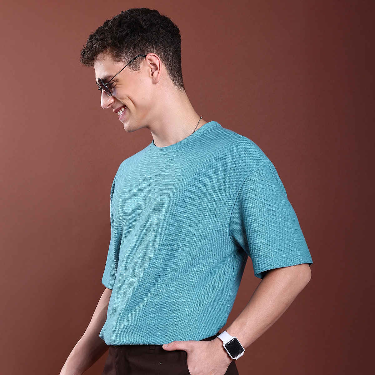 Highlander Men's Popcorn Structured Drop-Shoulder Sleeves T-Shirt | Light Blue - S