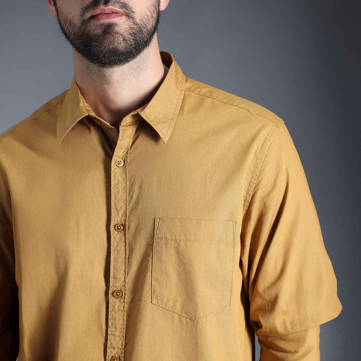 High Star Men's Roll Up Sleeves Pure Cotton Casual Shirt | Mustard - 42