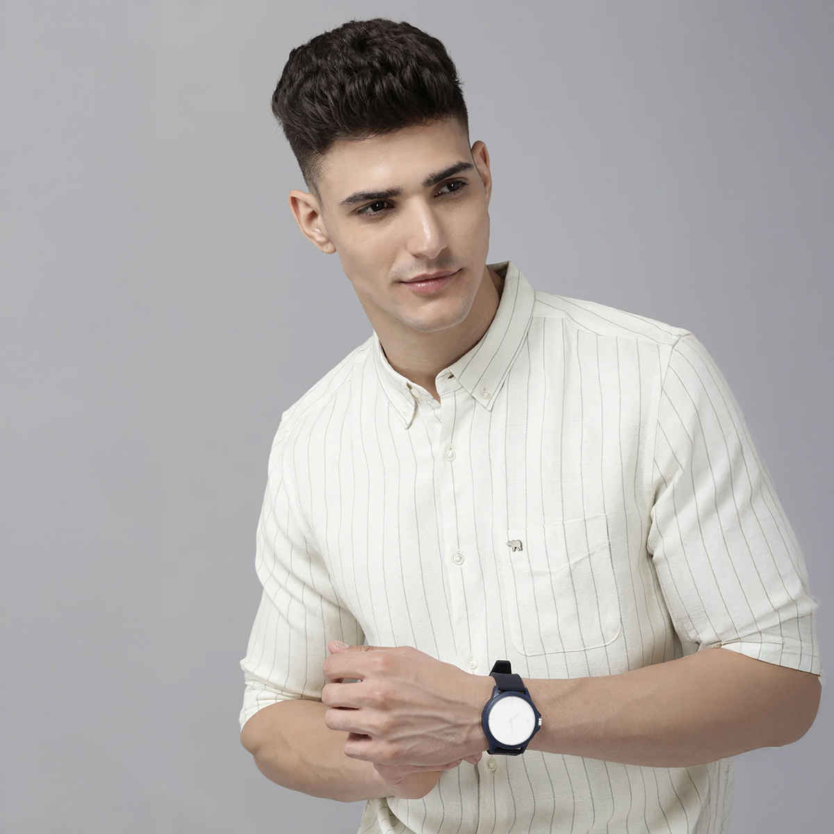 The Bear House Men Slim Fit Striped Cotton Linen Casual Shirt - Wydal | White | L