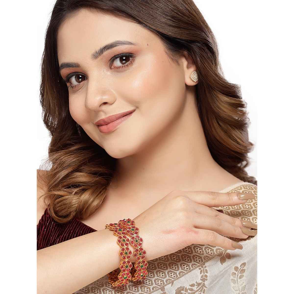 Sukkhi Floral Gold Plated Red And Green Broad Bracelets Bangle Set Jewellery for Women - 2.6