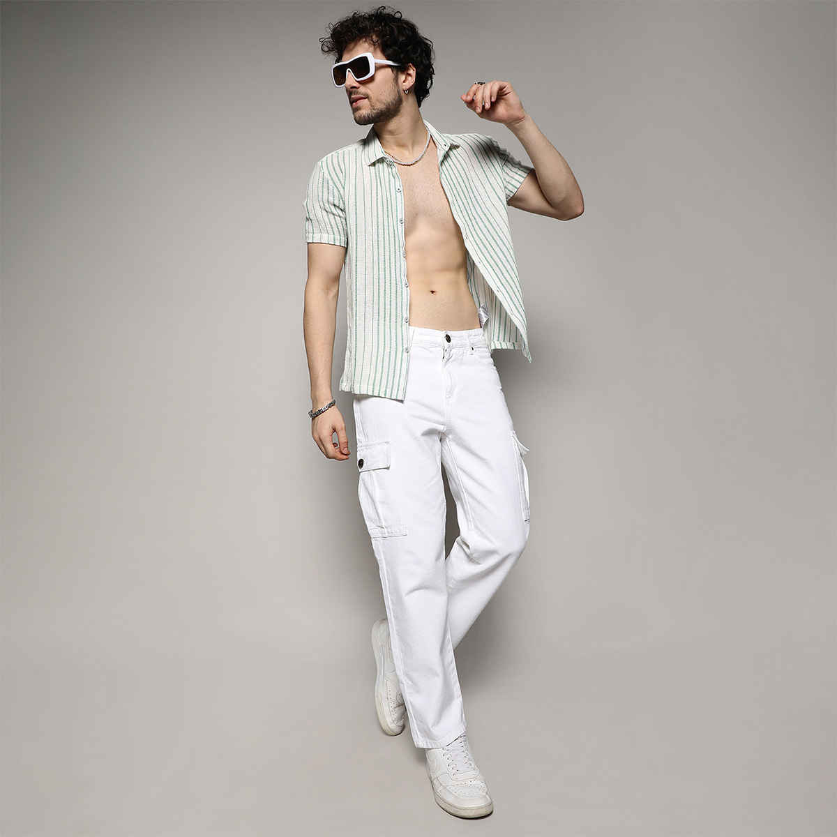 Campus Sutra Men's Unbalanced Striped Woven Shirt | White - S
