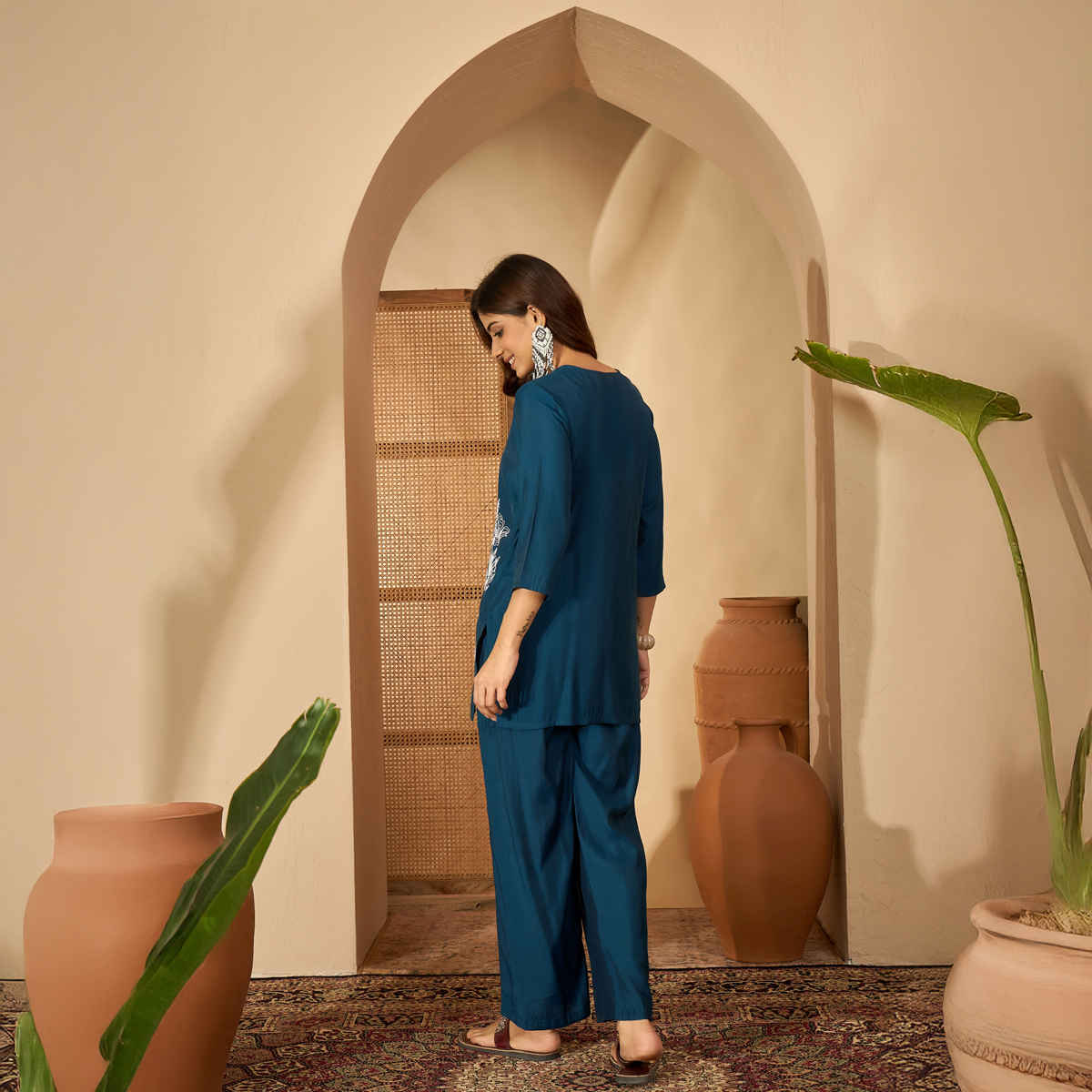 Bandia Women's Silk Blend Embroidered Coord Set | Navy Blue - L