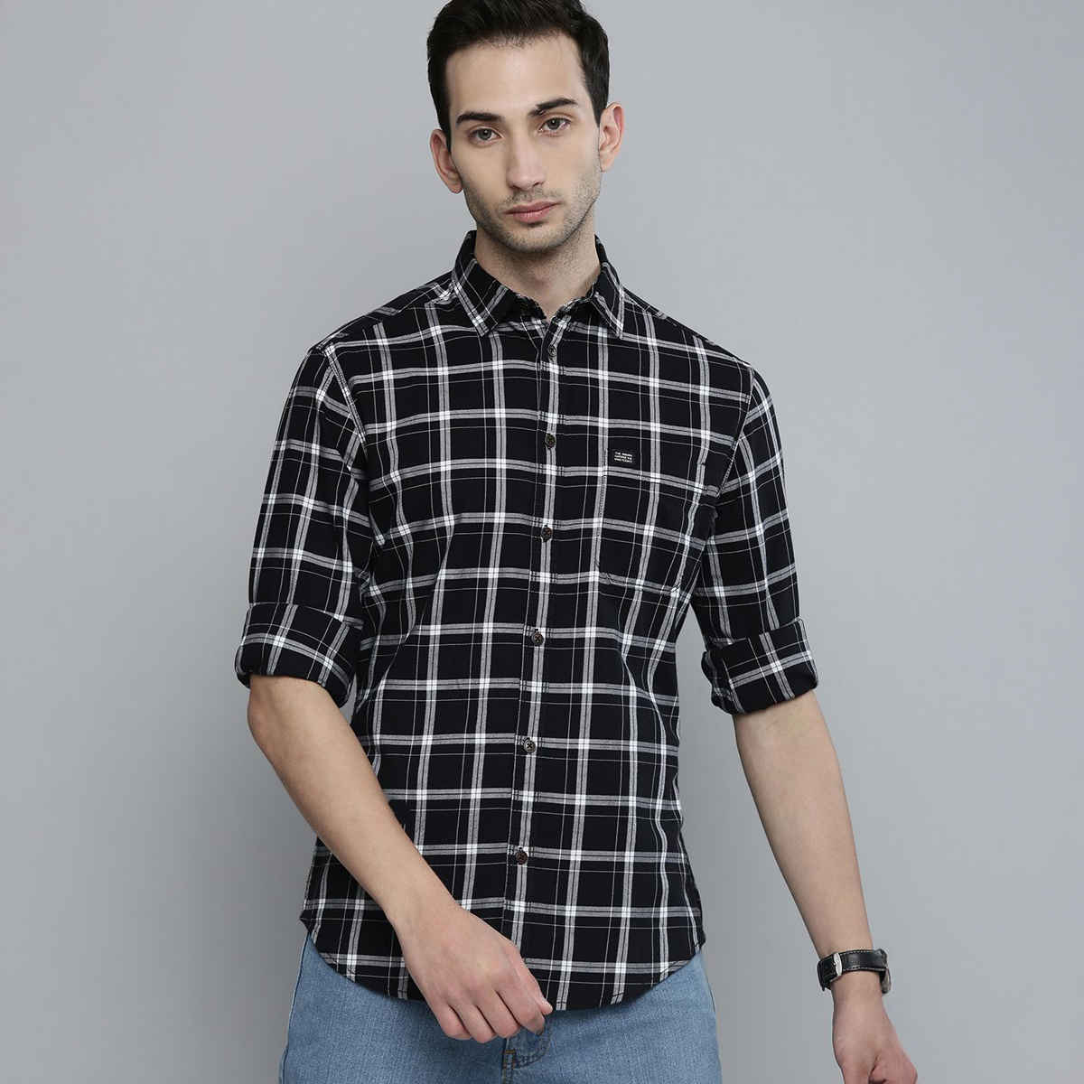 The Indian Garage Co Men's Slim Fit Checkered Casual Shirt | Black - S