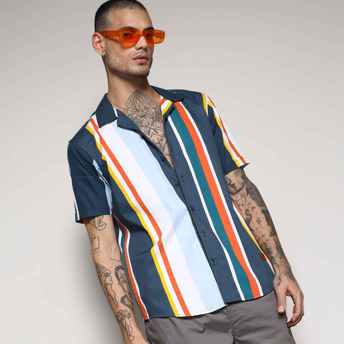Campus Sutra Men's Striped Cotton Shirt | Multicolour - L