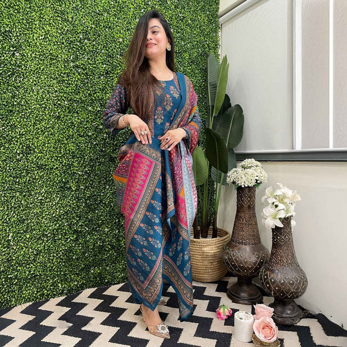 GoSriKi Women's Rayon Blend Straight Printed Kurta with Pant & Dupatta | SULA | Multi - XL